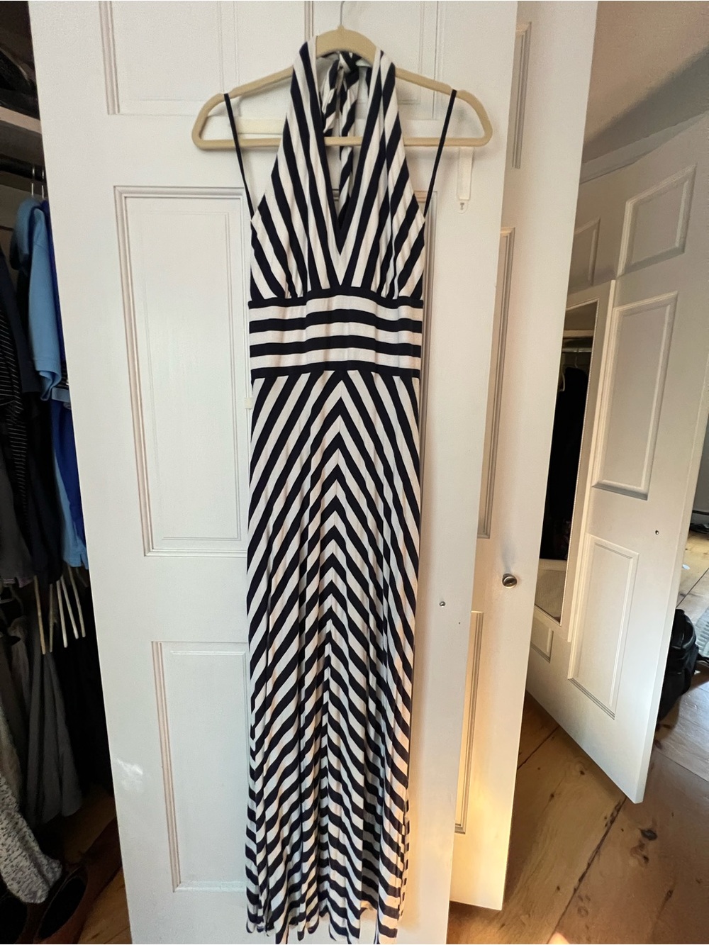 Banana Republic Navy and White Striped Halter Maxi Dress
